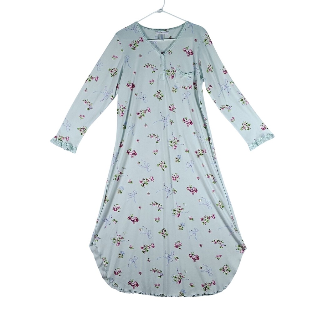 Carole Hochman Nightgown Size Medium White Pink Floral Lace Trim Long Sleeve